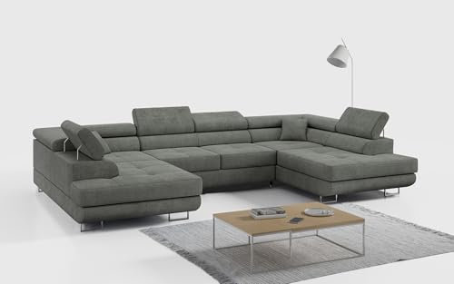 MKS MEBLE Sofa Grau Wohnzimmer - Wohnlandschaft - U-Form Couch mit Schlaffunktion - Schlafsofa mit Bettkasten - Wohnzimmer U Couch - Polstersofa mit Bettkasten - Gustaw U Grau Kronos