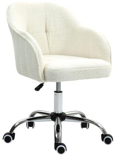 HOMCOM Office Chair, Teddy Fleece Swivel Computer Desk Chair, Makeup Vanity Seat with Adjustable Height for Home Study Bedroom, Cream White