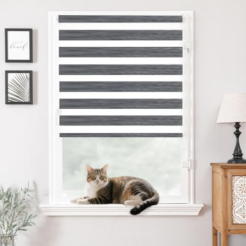 Joydeco Doppelrollo ohne Bohren mit Klemmfix und Anti-Verhedderungszubehör stufenlos verstellbar lichtdurchlässig verdunkelnd Grau B65 x H120 cm(Stoffbreite 61cm)