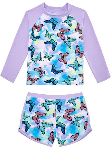 ALISISTER 2PCS Kinder Langarm Badeanzug Mädchen UV-Schutz 7-8 Jahre Schmetterling Lila Wassertaugliche Kleidung
