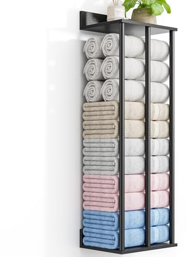 WeGXY Handtuchhalter Wand Schwarz – Große Kapazität Badezimmer Organizer – Ideal für gerollte Handtücher & Handtuchaufbewahrung | Stabile Wandmontage | Badezimmer Deko | Stauraum