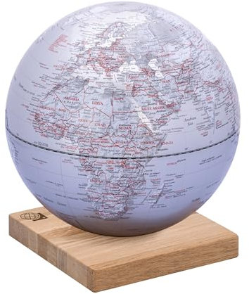 TROIKA Globus mit 25 cm Durchmesser EXPLORER 360° – auf magnetischem Sockel aus nachhaltiger Forstwirtschaft in Litauen – Eichenholz, Kunststoff – silberfarben – TROIKA Original