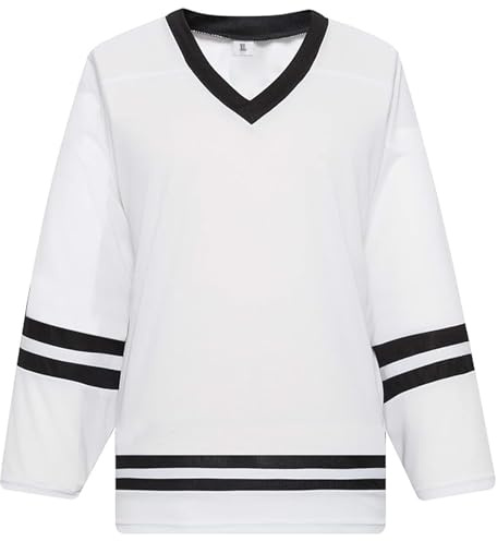 LTHYTY Blank Hockey Training Jersey Lightweight Fabric Long Sleeve for Ice Hockey Jersey Quick Dry Feature and V Neck Style(Medium, White/Black)