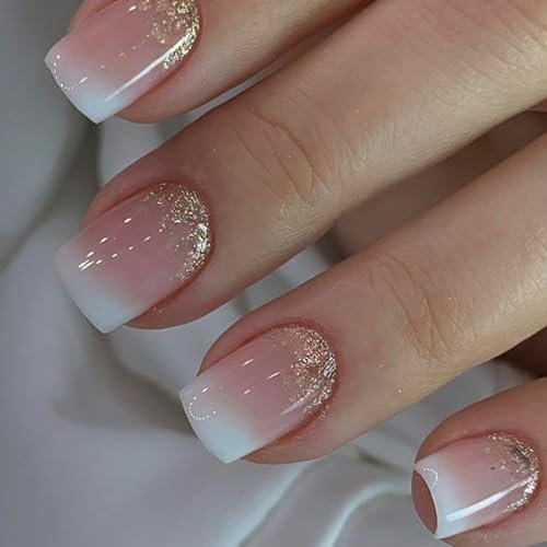 Virellay 24 Stück Square Rosa Gradient Kurze Press on Nails, Nails Zum Aufkleben Ombre mit Gold Glitzer, Short Künstliche Fingernägel Kurz für Frauen (Rosa Weißem Ombre, 24 pcs)