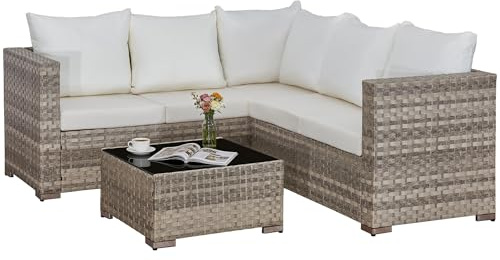 AOUXIN 5 Seater Rattan Garden Furniture Set, Rattan Corner Sofa Set Patio Sofa with Glass Table (Beige)