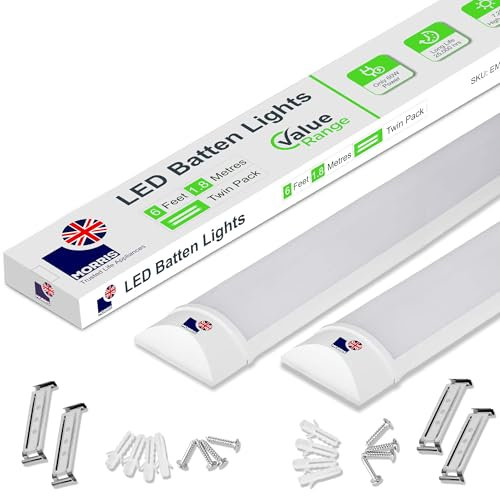 Morris LED Batten Light 6ft - 60W 7200LM, IP20 Grade, 2-Pack 6500K Daylight, High-Efficiency Lighting for Indoor Barns, Workshops, Large Spaces - Value Range