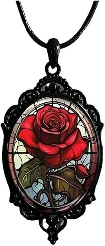XFSRG Collier Femme Rose Rouge Vintage en Verre Coloré avec Chaîne Noire Bijoux Élégants et Romantiques pour Toutes Occasions