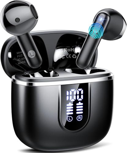 Wireless Earbuds, 2025 Bluetooth 5.4 Headphones in Ear with 4 ENC Noise Cancelling Mic, 40H Wireless Earphones with HiFi Stereo Deep Bass, IP7 Waterproof Bluetooth Ear Buds LED Display USB-C Black