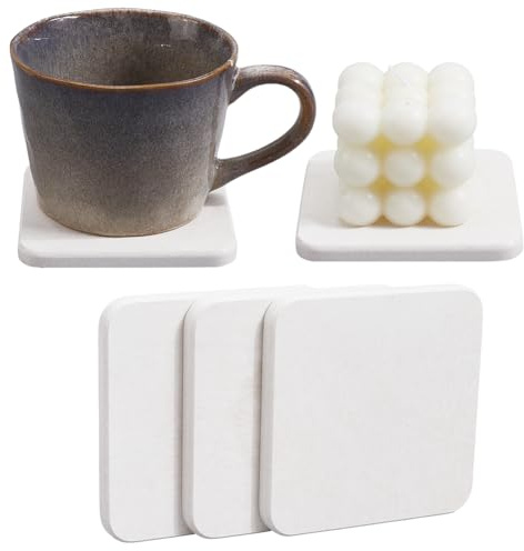 CREATCABIN 3 Porte Savon Terre Diatomées 10x10cm Dessous Verre Carrés Blancs Absorbants Séchage Rapide pour Brosse Dents Tapis Bain Pierre pour Comptoir Cuisine Tasses Bouteilles Boissons Plantes