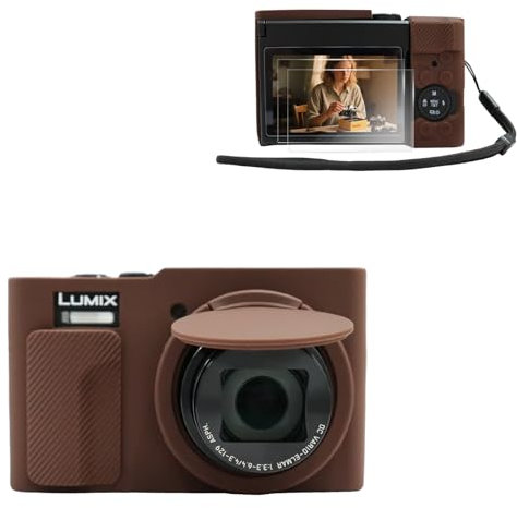 VOVMOEYA Kameratasche für Lumix TZ99, für TZ99 Kameratasche, Silikonhülle, mit 0,25 mm ultradünnem Displayschutz für Panasonic Lumix TZ99, mit Handschlaufe, coffee, Kosmetikkoffer