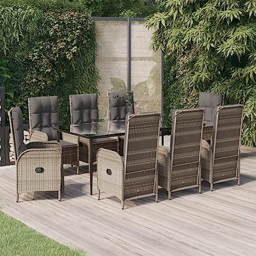 9-TLG. Garten-Essgruppe mit Kissen Schwarz und Grau Poly Rattan Gartenmöbel, Gartenmöbel-Sets