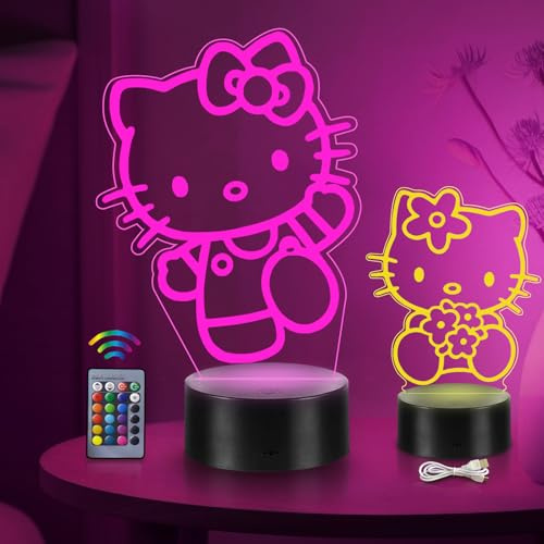 Dagydali 2 Stück Kitty Lampe – Kitty Geschenke für Mädchen, 3D LED Illusion 16 Farben Kitty Nachtlicht USB Smart Touch Fernbedienung Tischlampe Kitty Licht für Kinderzimmer Dekoration Urlaub Geschenke
