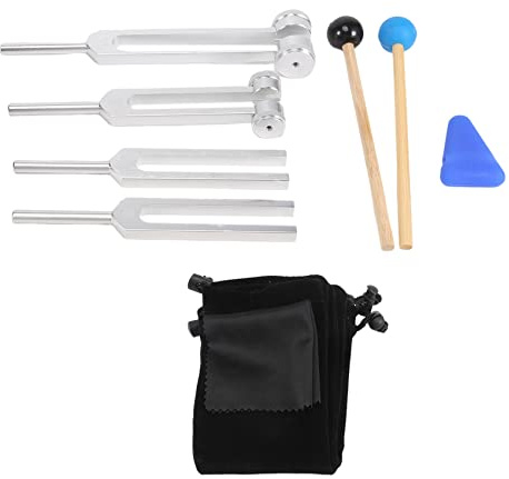 Kopinma 4 Packungen Stimmgabel Set (128 Hz, 256 Hz, 512 Hz, 528 Hz) Stimmgabel Therapie, Stimmgabeln Chakra mit Hammer, dreieckigem Kieselgel, Aufbewahrungstasche und Reinigungstuch