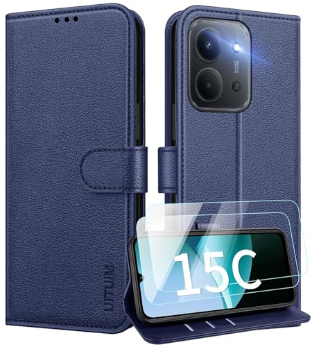 UITUIM Handyhülle für Xiaomi Redmi 15C 5G/4G Hülle Klapphülle,Blau | mit 2 Glas Schutzfolie Flip Case Cover Klappbar Leder Magnet Kartenfach Geldbörse Schutzhülle Stoßfest Etui Handytasche