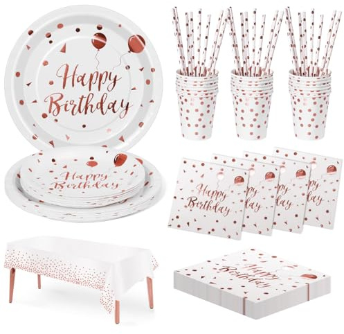 Nkaiso Compleanno Stoviglie per Feste, 20 Ospiti Rosa Oro Stoviglie Carta Set Include Piatti di Carta Tovaglioli Tazze Riutilizzabili Stoviglie Decorazioni per Feste per Bambini