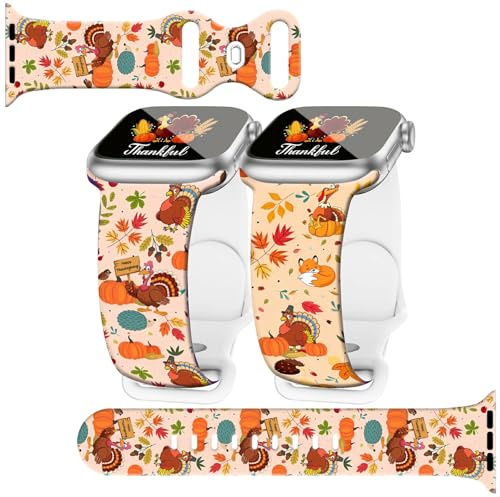 Thanksgiving Watch Band Compatible with Apple Watch Bands 38mm 40mm 41mm,2PCS Thanksgiving Turkey Silicone Smartwatch Wristbands Replacement Strap for iWatch 2pcs Series SE 9 8 7 6 5 4 3 2 1