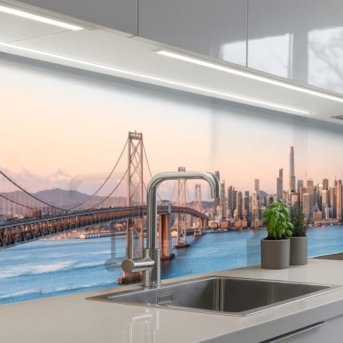 KitchenYeah© Spritzschutz Küchenrückwand 60x300 cm Selbstklebend Küche Rückwand Küchenwand Wand Küchenfront Verkleidung Küchenspritzschutz Wasser - Brücke - Skyline - Modern