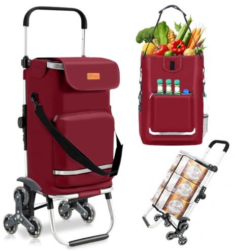 Sekey XXL Einkaufstrolley für Camping, Treppensteiger mit 3 Rädern, | klappbarer Transportwagen für Ausflüge & Outdoor, mit Kühlfach & Getränkefach, höhenverstellbarer Griff, Rot