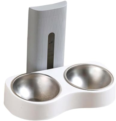 CoudarTitie Mangeoire Double Animaux Bol Nourriture Murale Réglable Abreuvoir Amovible Structure Compacte en Acier Inoxydable pour Chats Chiens Convient Au Salon, Gris et Blanc