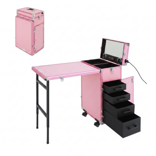 Kosmetik Trolley mit Rollen und Tisch, Kosmetikkoffer, 4 Schubladen Großer Kosmetikkoffer mit Spiegel & Bluetooth-Lautsprecher, Nageltisch, Mobile Makeup-Station für Nagelstudio & Friseur (Rosa)