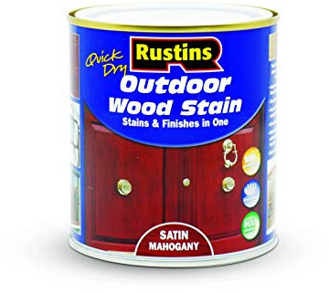 Rustins Quick Dry Outdoor Wood Stain Satin Mahogany 500ml- Durable and Weather-Resistant Finish, Fast Drying, Vibrant Color for Decks, Fences, & Furniture, Available in Many Wood Shades