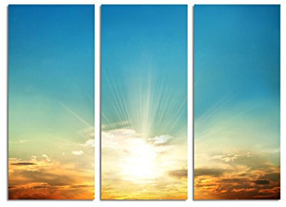 Paul Sinus Art 130x90cm – Keilrahmenbild Sonnenaufgang orange-blauer Himmel 3teiliges Wandbild auf Leinwand und Keilrahmen - Fotobild Kunstdruck Artprint