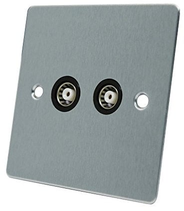 AET FSC2GTVBL Satin Chrome Flat TV Black Insert-2 Gang Aerial Coaxial Female Socket, 240 V