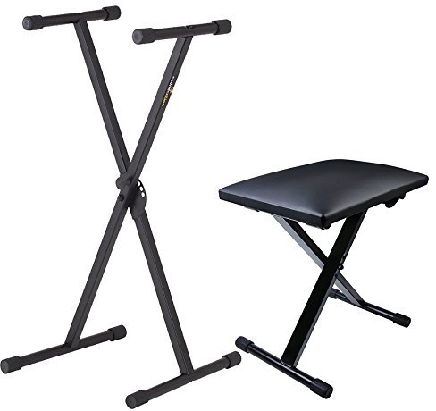 FREE SOUND GUITARS Supporto per Tastiera con Panchina Regolabile in Metallo, Seduta in Sky Nero, 5 Livelli di Altezza, Piedini Antiscivolo