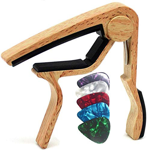 WINGO Kapodaster Gitarre Capo für 6-Saiter Akustikgitarre, Westerngitarre, E-Gitarre, und Ukulele mit 5 Plektren, Natürliche Holzfarbe.