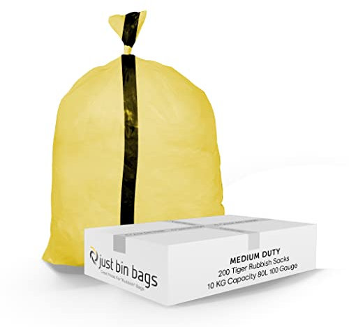 Just Bin Bags 90L Yellow Tiger Stripe Bags x 200 Refuse Sacks, 100 Gauge, 25 Micron (Tiger Sacks, Medium Duty 10 kilograms)