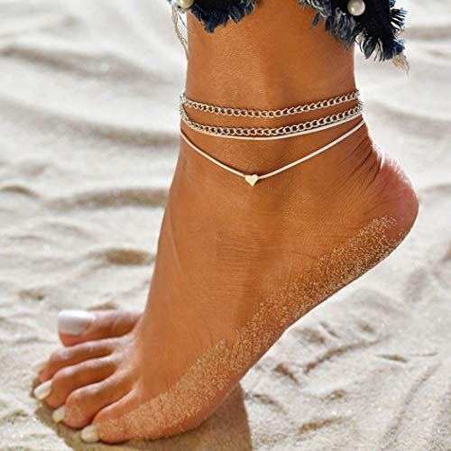 Jovono Argent Boho Cheville Multicouche Coeur Bracelets Cheville Bracelets Bijoux De Pied De Plage De Plage avec Coeur pour Femmes Et Filles