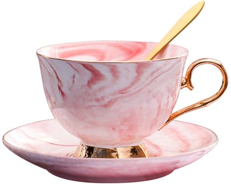 XUDREZ Porcelain Tea Cup Coffee Mug Set for Morning Tea - with Coffee Cup + Saucer + Teaspoon, 200ml (Pink)