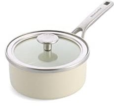 KitchenAid Steel Core Enamel 16 cm/1.3 Litre Saucepan with Lid, German Engineered Enamel, Induction, Oven Safe, Almond Cream