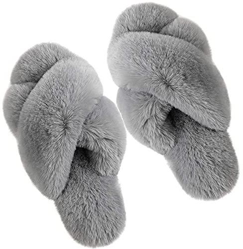 dressfan Ciabatte Donna Pantofole Sandali Punta Aperta da Casa Piatto Tenere Caldo Peluche Pelliccia Antiscivolo Soffice Suola di Gomma per Interno e Esterno,Grigio,36-37