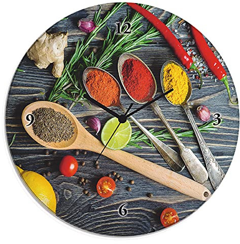 ARTLAND Wanddeko Wanduhr ohne Tickgeräusche Glas Funkuhr Ø 30 cm Rund Lautlos Küche Essen Kräuter Gewürze Holzoptik H9KD
