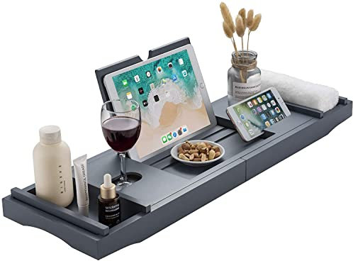 Unibos Bath Caddy with candle, wine glass, book, tablet, ipad & phone holder. Extendable/adjustable bridge, Natural wood over bathtub tray100% bamboo (Grey with Foldable Legs)