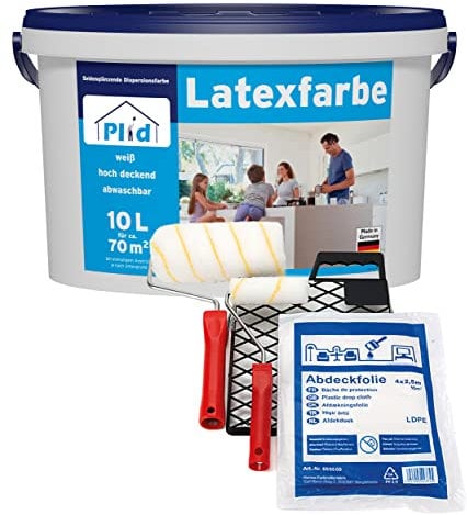 Plid® Latexfarbe Weiß seidenglänzend [10L - Set] - Abwaschbare Farbe Innen für Küche & Badezimmer - Latexfarbe abwaschbar leicht zu reinigen & nicht schlämmend - abwaschbar nicht füllend