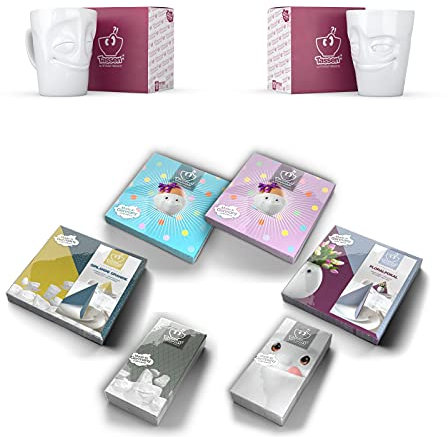 2 x Henkelbecher by FIFTYEIGHT 350 ml - vergnügt + verschmitzt + Servietten - Tasse weiß
