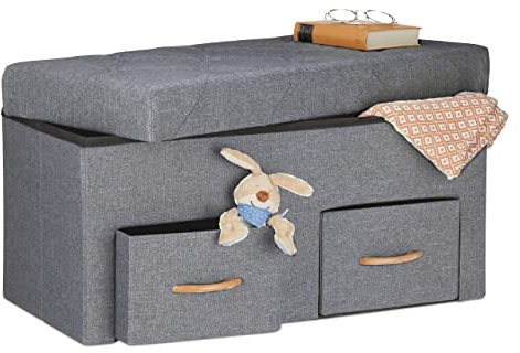 Relaxdays Sitzbank mit Stauraum, 2 Schubfächer, Flur, Wohn- & Schlafzimmer, HBT: 40x80x40 cm, Faltbare Banktruhe, grau