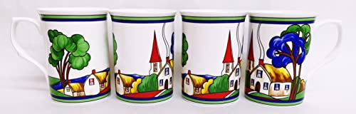 Rainbow Decors Art Deco Village Mugs Set of 4 Fine Bone China 10.5 oz 300 ml Castle Colourful Wrap Country Scene Tea Coffee Cups Hand Decorated UK
