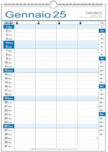 Calendario 2026 famiglia da muro con colonne family lavoro per 1 2 3 4 5 6 7 8 persone (4 COLONNE)