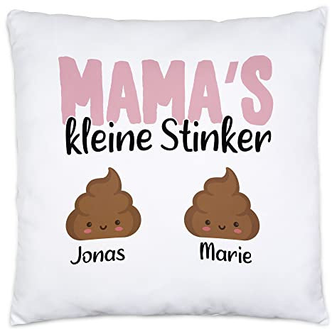 Kiddle-Design Mama's kleine Stinker Kissen inkl. Füllung Lustig personalisiert mit Namen Muttertag Kackhaufen Geschenk Mutter Mama 2 Kinder