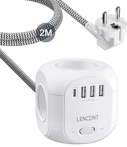 LENCENT Cube rallonge multiprise 2M avec 4 Prises AC, 3 USB et 1 Type C, Protection Contre Les surtensions pour rallonge électrique avec Interrupteur pour Maison, Cuisine, Bureau, Tressé Câble