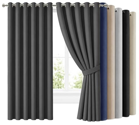 Hafaa Blackout Eyelet Curtains for Living Room 90x90 Inch Grey Curtains for Bedroom Super Soft Thermal Insulated Extra Long Curtain and Drapes 2 Panels with Tiebacks