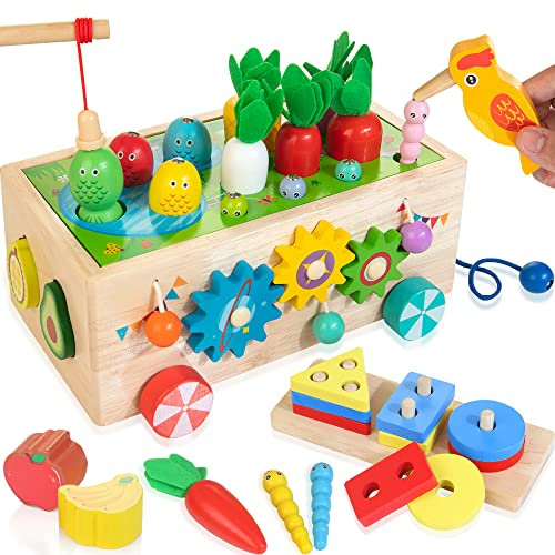 JUSTWOOD 8-in-1 Montessori Spielzeug ab 1 Jahr, Formspiel Angelspiel Specht Fang Würmer Labyrinth Zahnräder Perlen, Geschenk für Kinder im Alter von 1 2 3 4