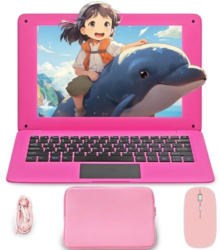 aichiw Mini Ordenador Portátil 10.1 Pulgadas, Ordenador Portátil con CPU 2GB RAM 64GB eMMC, Funda para Portátil, Ratón Inalámbrico, Mini Portátil con Win 10 (Rosa-Teclado Español)