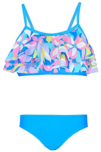 Aquarti Mädchen Bikini Set Bustier Bikinislip Zweiteiliger Badeanzug, Farbe: 030E mit Rüschen/Blumen/Rosa/Blau/Gelb, Größe: 134