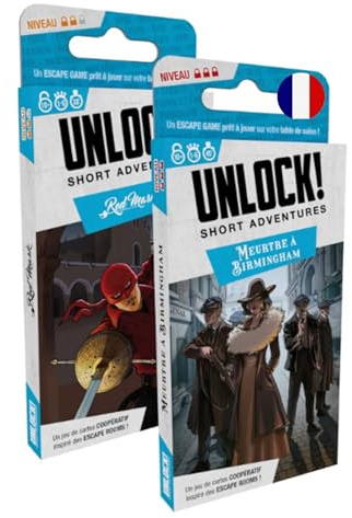 Asmodee Space Cowboys Unlock! Adventure Shorts: Res Mask + Mord in Birmingham – Gesellschaftsspiele in Karten – Escape Game – Erwachsene und Kinder ab 10 Jahren - Französische Sprache