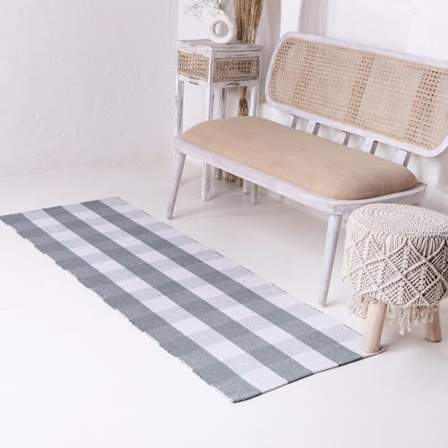 RAJRANG Baumwollkarschteppich 183 x 61 cm Vintage Bauernhaus Buffalo Plaid Eingangsmatten Tradewinds Grau und Weiß