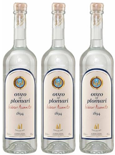 Ouzo Plomari 3x 0,7l Flasche | Destillerie Arvanitis | 40% Vol. | Ouzo aus Griechenland | +20ml Jassas Olivenöl